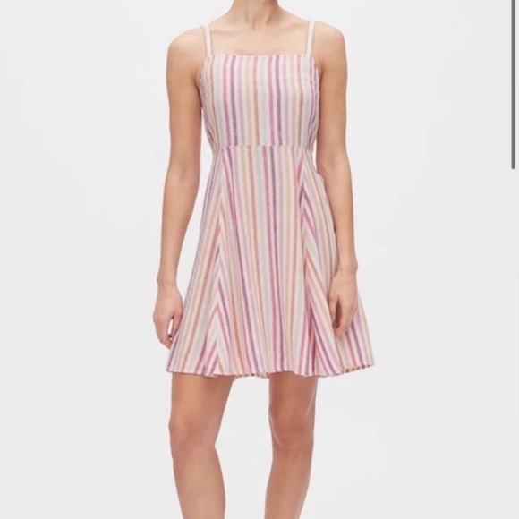 GAP‎ Linen Dress Size Medium Pink Purple Striped Ivory Square Neckline Summer - Picture 5 of 12